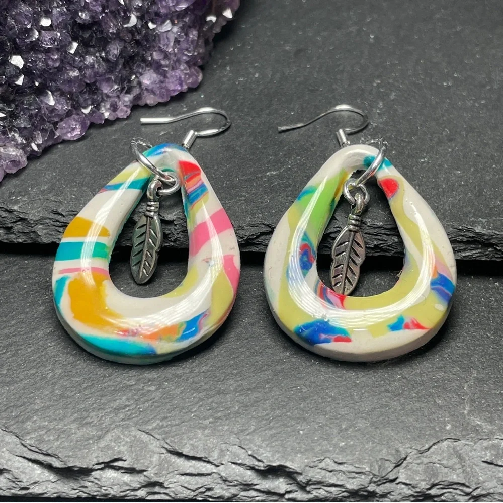 Custom Made Clay Teardrop Earrings With Antique Silver Feather Charms - Picture 6 of 11